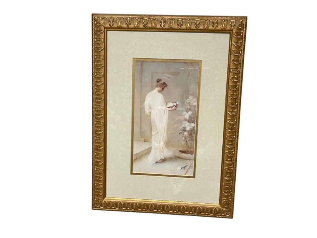 "DIVINELY FAIR" PRINT BY HENRY THOMAS SCHAFER IN GILT FRAME: DEPICTS WOMAN IN WHITE GOWN HOLDING A BOWL OF FRESHLY PICKED FLOWERS 15" X20"