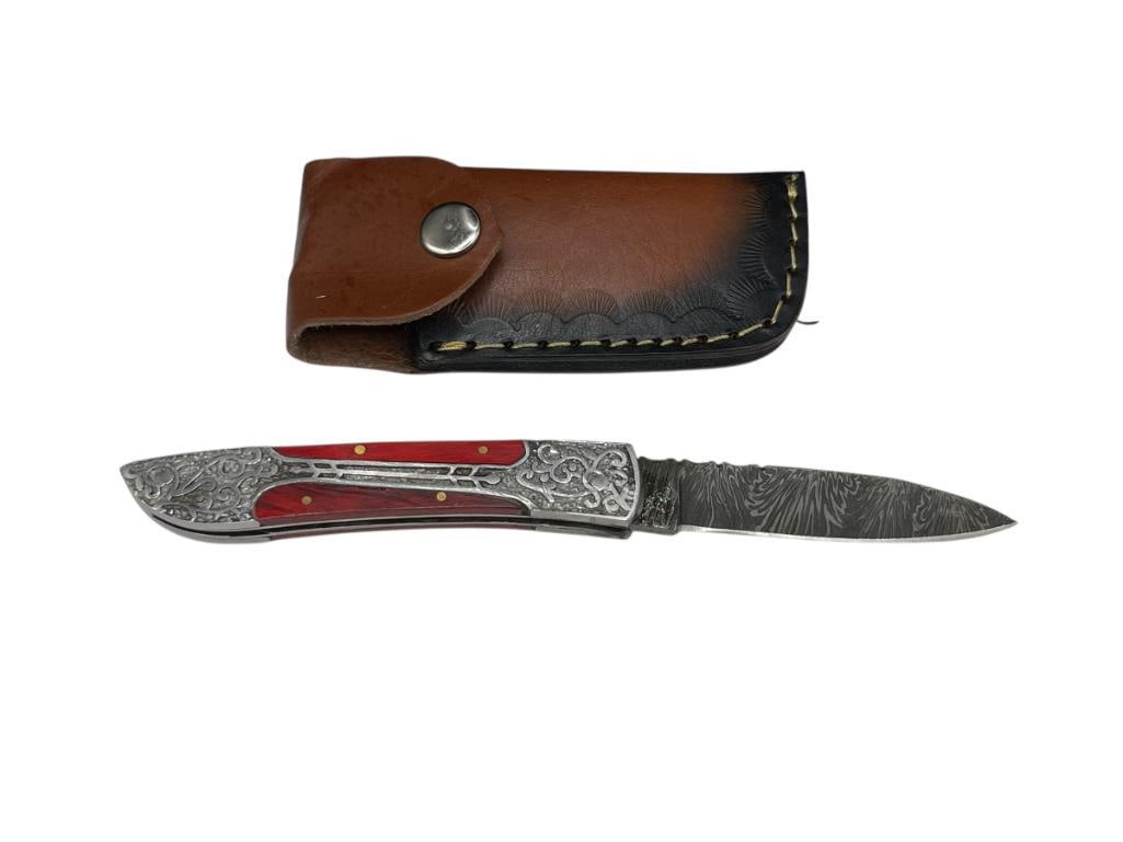 UNIQUE TOOLED METAL AND DYED RED WOOD HANDLE DAMASCUS STEEL FOLDING KNIFE WITH DROP POINT BLADE (1 of 9)