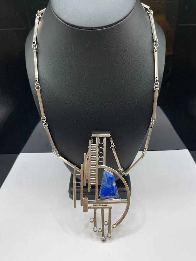 ARTIST SIGNED AARON RUBINSTEIN STERLING SILVER LAPIS MODERNIST NECKLACE (1 of 8)