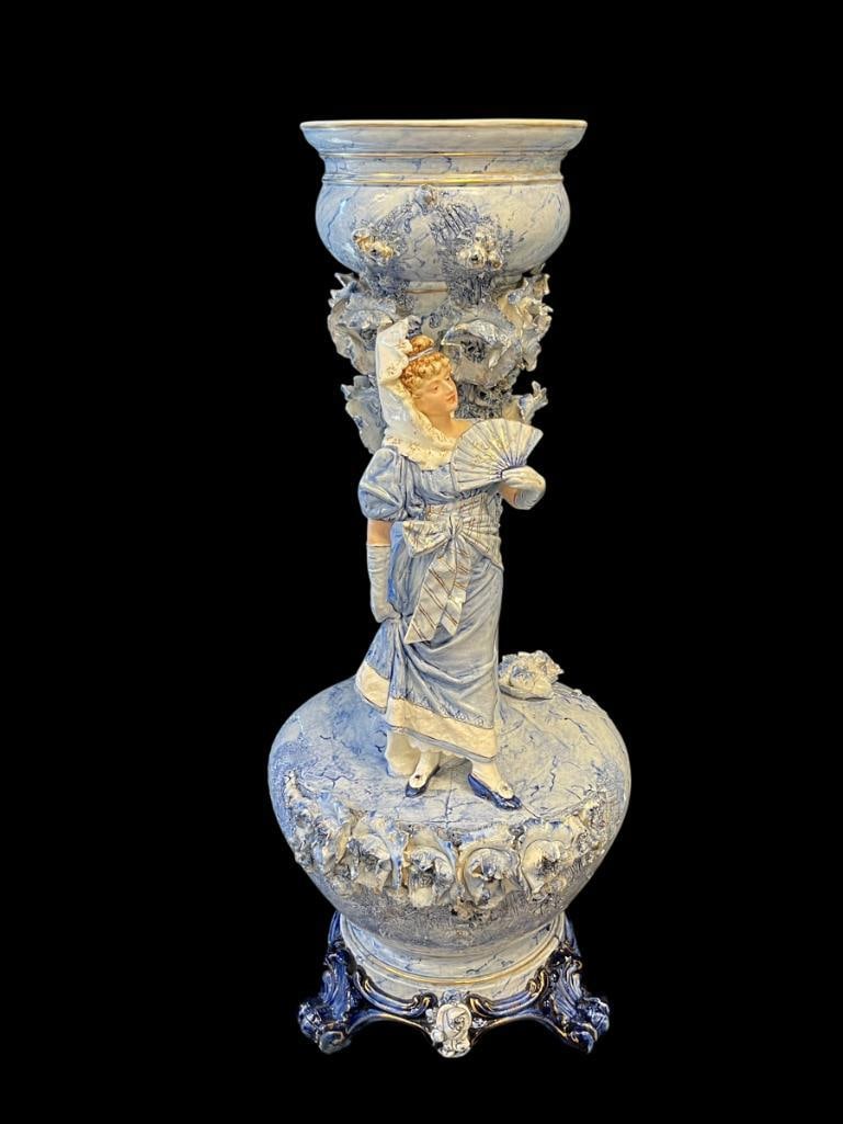 EARLY 1900'S FRENCH FIGURAL BLUE AND WHITE PORCELAIN FOOTED JARDINIERE WITH GILT ACCENTS (1 of 14)