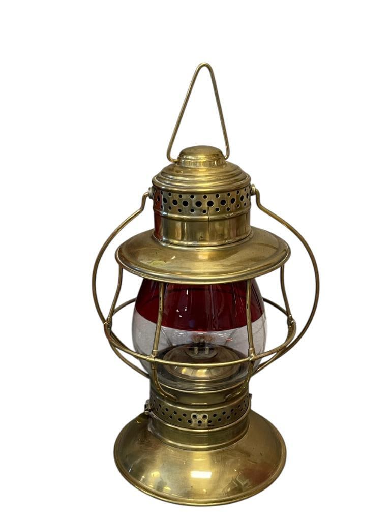 20TH CENTURY BRASS FIRE CHIEF'S FIREMAN LANTERN WITH RUBY RED AND CLEAR GLASS GLOBE, DUAL WICK (1 of 9)