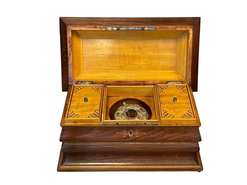 19TH CENTURY ENGLISH REGENCY MUSICAL TEA CADDY WITH MARQUETRY, INCLUDES JAR WITH STERLING SILVER ... (1 of 15)