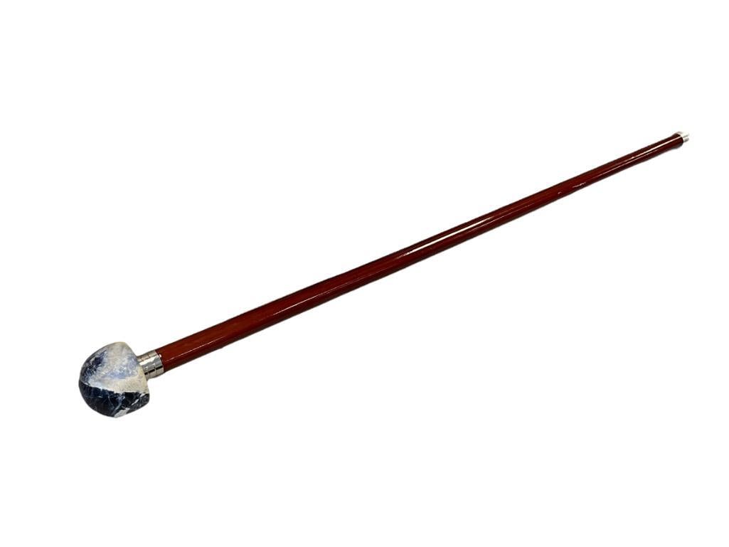 HIGH GLOSS CHERRY FINISH WALKING STICK WITH FAUX STONE HANDLE: CHERRY FINISH WOODEN WALKING STICK IN HIGH GLOSS WITH FAUX BLUE AND WHITE STONE HANDLE 35"