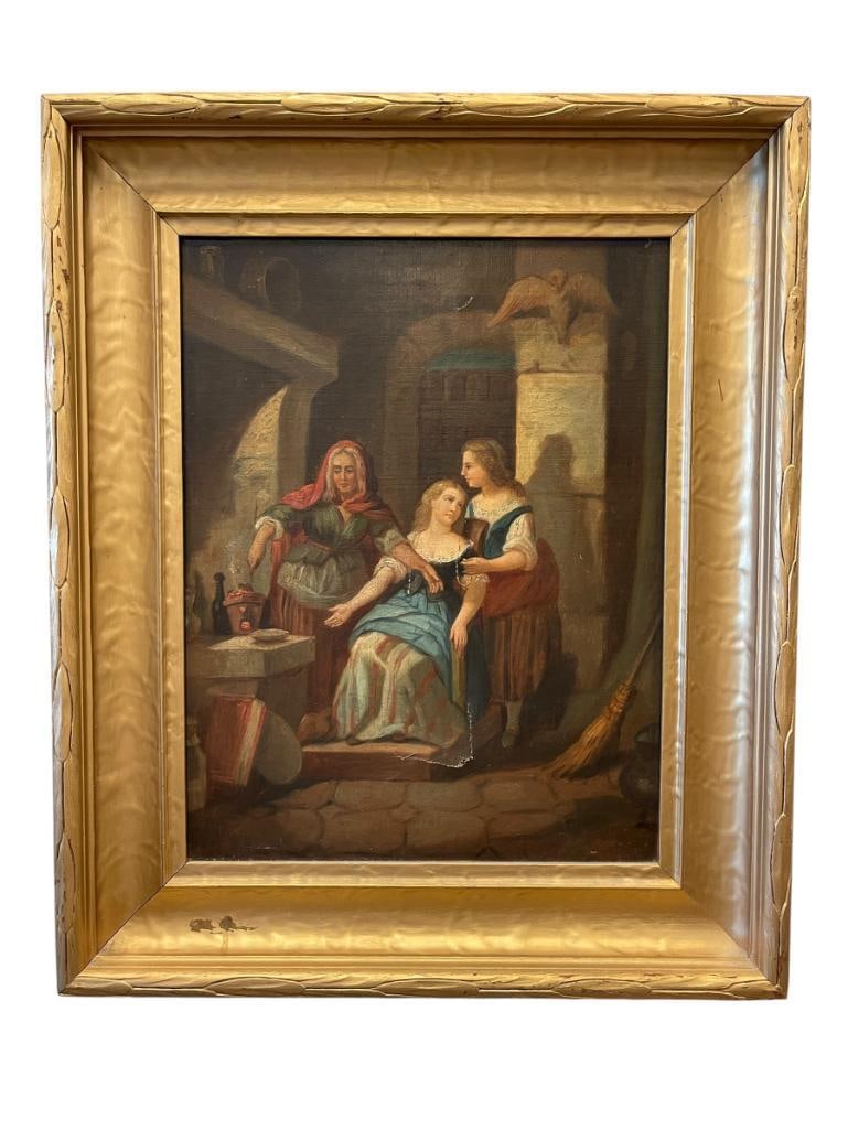 CIRCA 1800'S ORIGINAL OIL ON CANVAS EUROPEAN PAINTING ON CANVAS FRAME BY J.O. KRUMBHOLZ: ORIGINAL PAINTING ON CANVAS CIRCA MID TO LATE 1800'S DEPICTS WOMAN AND YOUNG WOMAN INSIDE BUILDING, DAMAGE TO CANVAS APPROX. 2 1/8" TEAR, FEW SMALL PIN HOLES NEAR BOTTOM CENTER, IN ANTIQUE GILT WOOD F