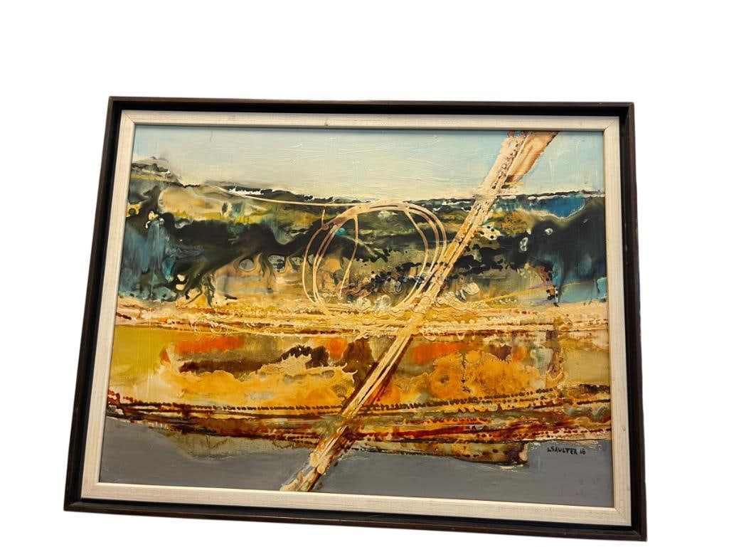 VINTAGE MID-CENTURY LEON SAULTER 1968 ABSTRACT OIL ON BOARD PAINTING (1 of 6)