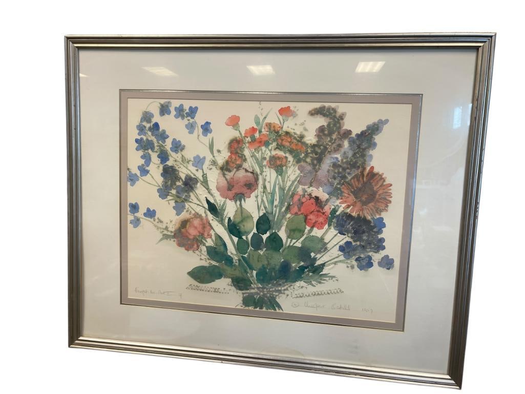 MARGARET BEDELL "FORGET ME NOT II" WATERCOLOR: ARTIST INFO ON BACK, DATED 1987, SIGNED BY ARTIST IN LOWER RIGHT, FRAMED AND DOUBLE MATTED 42" X 34"