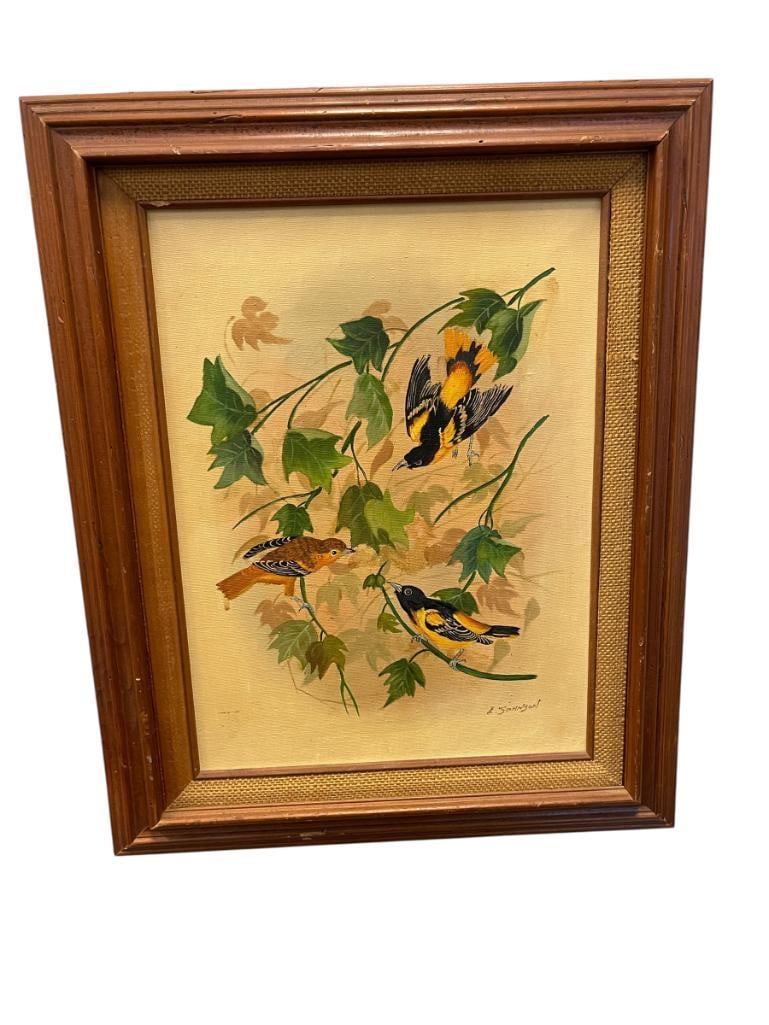 MID-CENTURY SIGNED E. JOHNSON ORIGINAL OIL ON CANVAS BALTIMORE ORIOLE BIRD PAINTING (1 of 8)