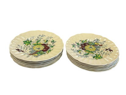 SET OF 12 ROYAL DOULTON "THE KIRKWOOD" HAND PAINTED FLOWER AND FRUIT MOTIF SALAD PLATES: HALLMARKED ON BOTTOMS 7 1/4"
