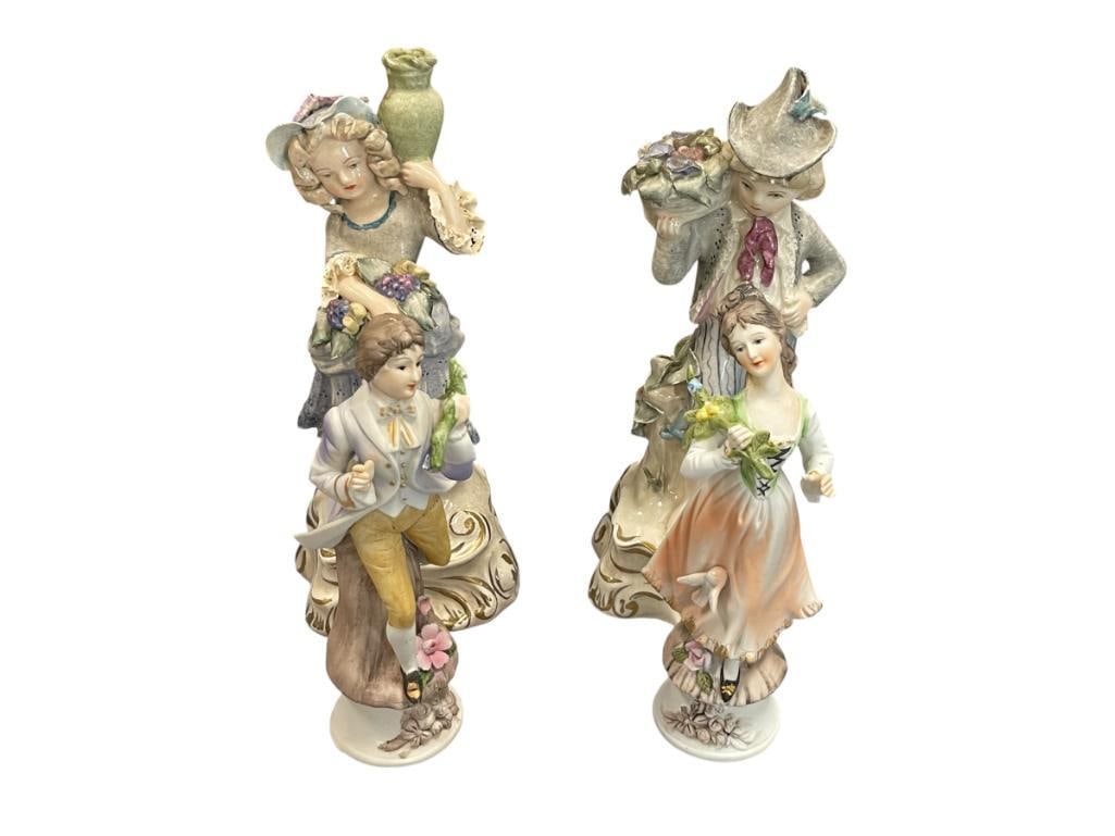 PAIR OF VINTAGE CORDEY CYBIS PORCELAIN VICTORIAN CHILDREN FIGURINES AND CAPODIMONTE COURTING COUPLE: ALL PIECES ARE HALLMARKED, CHIP ON GIRLS HAT ON CYBIS SET LARGEST IS 10 1/4"
