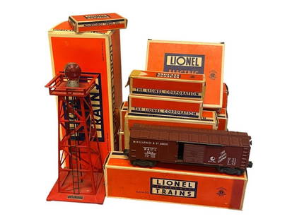 VINTAGE LIONEL 1950'S POSTWAR MODEL TRAIN CARS AND ACCESORIES EACH IN ORIGINAL BOX "O" GAUGE: "O" GAUGE M&amp; ST L BOX CAR, NO. 494 BEACON, NO. 71 LAMP POSTS, NO. 310 BILLBOARD SET, NO. 6473 RODEO CAR, NO. 6462 GANDOLA CAR, NO. 151 SEMAPHORE, ALL IN ORIGINAL BOX