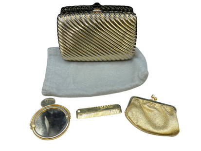 JUDITH LEIBER VINTAGE AMEN WARDY GOLD RIBBED HARD CASE CLUTCH WITH MIRROR, COMB, AND COIN PURSE: INCLUDES SHOULDER STRAP AND DUST BAG 6" X 3 3/4" X 1 1/2"