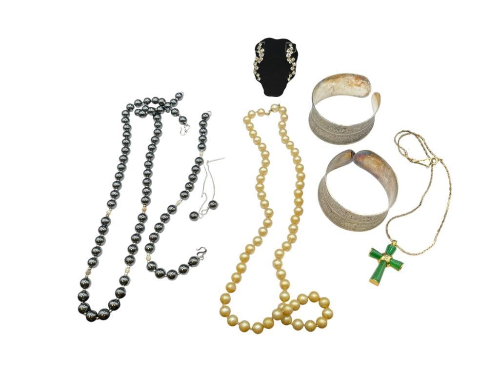 ASSORTED FASHION JEWELRY INCLUDING STERLING SILVER HEMATITE NECKLACE, BRACELET, AND EARRINGS SET: ALSO INCLUDES SILVERPLATED CUFF BRACELETS, FAUX PEARLS, GOLD FILLED GREEN STONE CROSS PENDANT, AND CZ FASHION EARRINGS