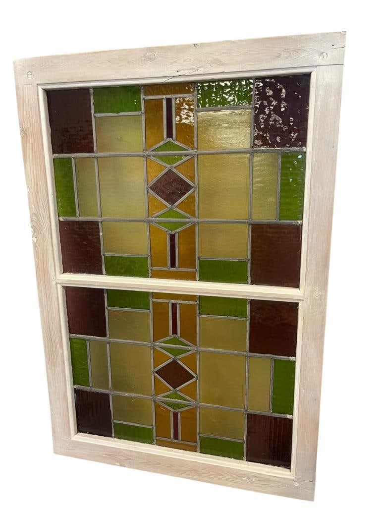 LARGE MISSION STYLED STAINED GLASS PANEL IN WHITE WASHED WOODEN FRAME (1 of 14)