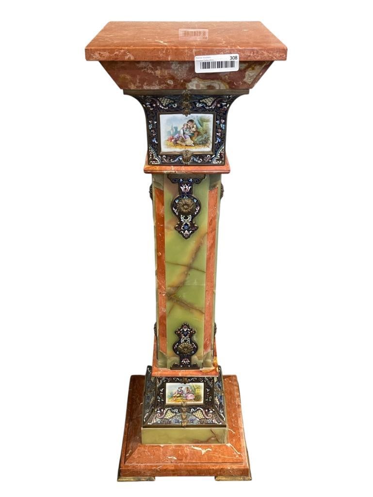 LATE 19TH, EARLY 20TH CENTURY ANTIQUE FRENCH CHAMPLEVE ENAMELED ONYX AND MARBLE PEDESTAL (1 of 18)