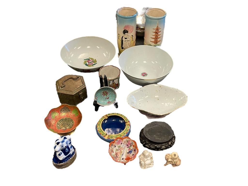 ANTIQUE AND VINTAGE ORIENTAL COLLECTIBLE CERAMICS, CLOISONNE, POTTERY, FIGURES: CLOISONNE ENAMELED ASHTRAY WITH FLORAL DESIGN, FOOTED ENAMELED BOWL, SEATED CAT ORNATE PILL BOX, BRAS STORAGE BOX, PORCELAIN BOWLS, PAIR OF FIGURAL RELIEF VASES 1 5/8" UP TO 7 1/8"