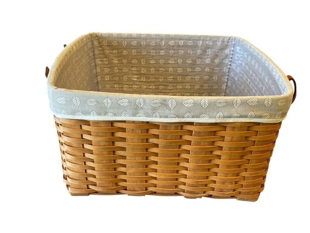 2001 LARGE HAND CRAFTED LONGABERGER BASKET WITH CLOTH AND PLASTIC LINER, DUAL LEATHER HANDLES (1 of 10)