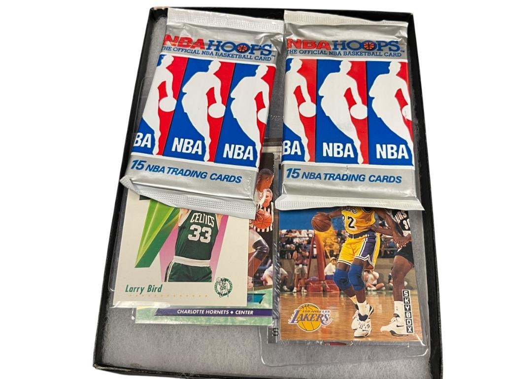UNOPENED NBA HOOPS BASKETBALL PACKS PLUS NBA HALL OF FAMERS CARDS LARRY BIRD, EARWIN JOHNSON: NBA HOOPS SEALED PACKS, ALL LOOSE CARDS IN PROTECTIVE SLEEVES