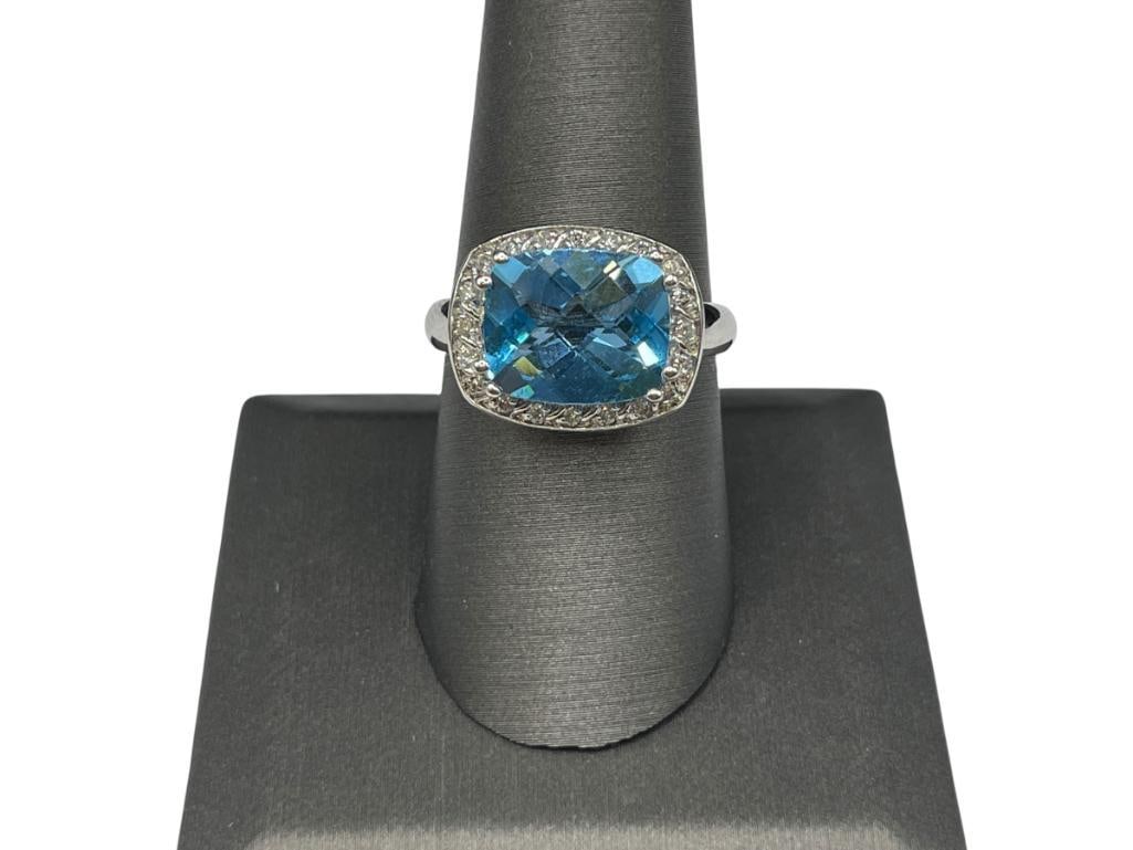 14K WHITE GOLD CHECKERBOARD CUT SWISS BLUE TOPAZ AND DIAMOND RING (1 of 6)