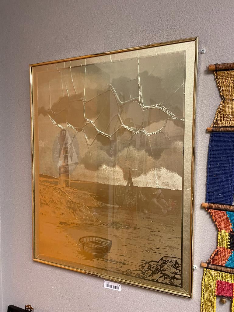 JEAN ROY JANE HARDELIN GOLD FOIL ETCHED ART OF LIGHTHOUSE AND SEASCAPE WITH SAILBOATS (1 of 5)