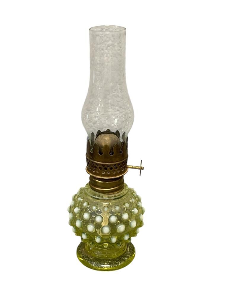 CIRCA 1920'S IMPERIAL GLASS CO. OPALESCENT HOBNAIL URANIUM GLASS SMALL OIL LAMP: IMPERIAL GLASS CO OPALESCENT HOBNAIL URANIUM GLASS, MARKED ON BOTTOM, INCLUDES CLEAR CHIMNEY 7" H