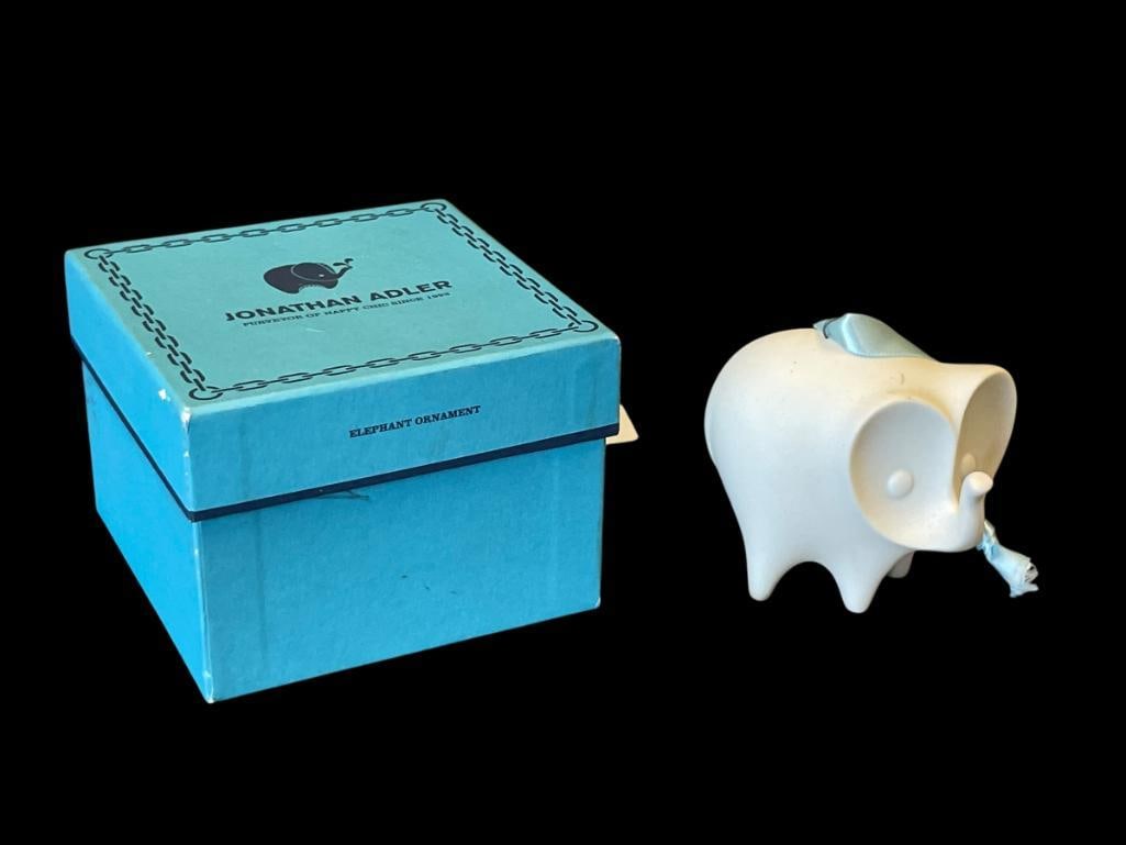 JONATHAN ADLER BISQUE PORCELAIN HOLIDAY ELEPHANT ORNAMENT: JONATHAN ADLER PORCELAIN ORNAMENT, INCLUDES ORIGINAL BOX 3" L