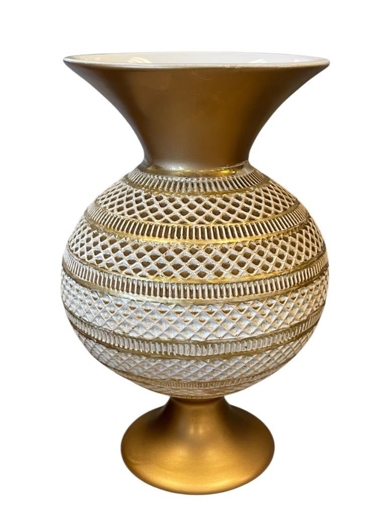 FLORENTINE HAND CRAFTED ITALIAN PORCELAIN HEAVY GILDED BITOSSI STYLE VASE: HEAVY GILT DECORATED ROUND BODY VASE WITH LACE-LIKE DESIGN WITH GILDED BANDS, ROUND BASE WITH WIDE FLARED RIM, MARKED ON BOTTOM FLORENTINE, MADE IN ITALY 10 1/2" H