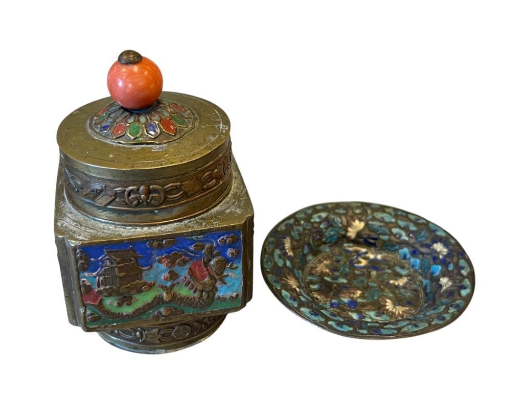 VINTAGE CHINESE EXPORT CHAMPLEVE ENAMELED TEA CADDY AND 19TH CENTURY ENAMELED SMALL DECORATIVE DISH (1 of 11)