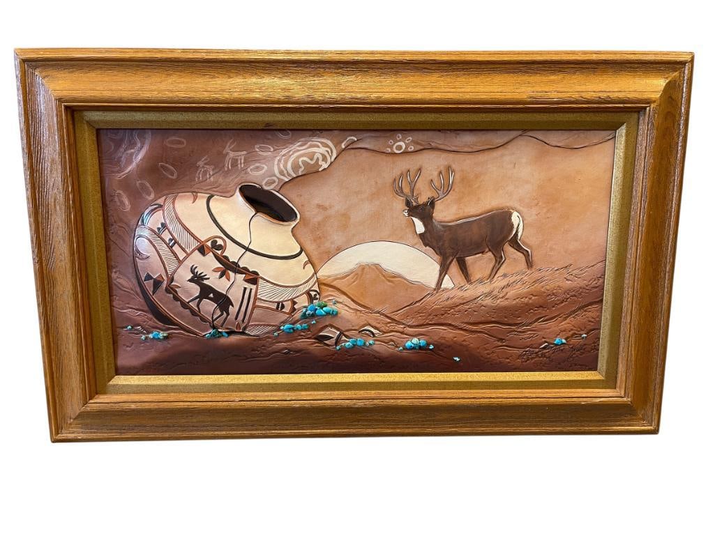 ROGER AND MARIE KULLNATIVE AMERICAN TOOLED COWHIDE / LEATHER SCULPTED ART DECORATED WITH TURQUOISE (1 of 10)