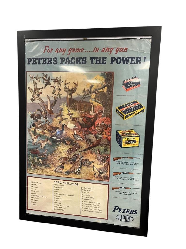 VINTAGE PETERS DUPONT "PETERS PACKS THE POWER" AMMUNITION POSTER "KNOW YOUR GAME": GOOD COLOR, MINOR TEARS IN POSTER 27" X 39" FRAME