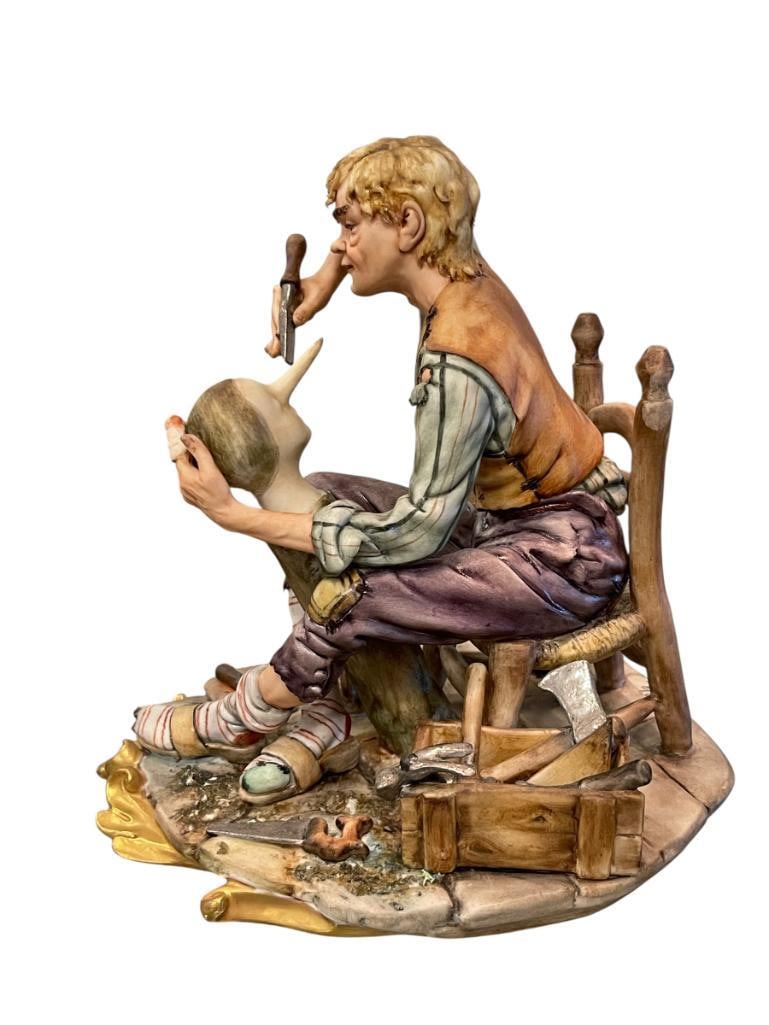 VINTAGE CAPODIMONTE HAND PAINTED PORCELAIN FIGURINE OF WOOD CARVER WITH F. GABRIELLI ROMA LABEL: GREAT CONDITION, HALLMARKED ON BOTTOM 8" H