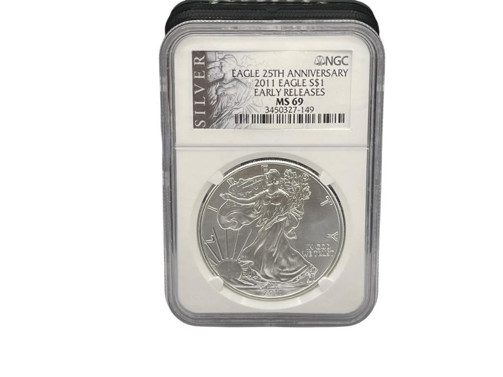 2011 AMERICAN SILVER EAGLE 25TH ANNIVERSARY EARLY RELEASES NGC MS69 (1 of 8)