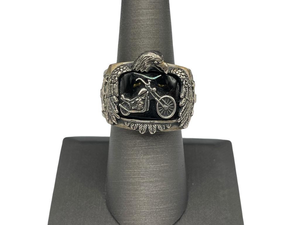 VINTAGE DESIGNER SIGNED "BGE" BRADFORD EXCHANGE STERLING SILVER HARLEY DAVIDSON MOTORCYLCES RING (1 of 9)
