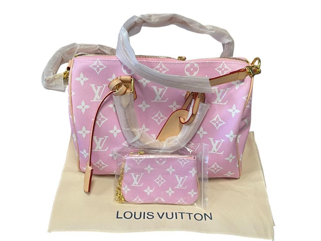 MARKED "LOUIS VUITTON" SPEEDY BANDOULIERE MONOGRAM PINK AND WHITE DESIGNER BAG (1 of 15)
