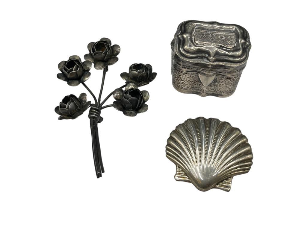 THREE PIECES OF STERLING INCLUDING ANTIQUE ENGLISH PILL BOX, SIGNED COROCRAFT, AND SHELL BROCH: LION HALLMARK ON PILL BOX 54.03 GRAMS