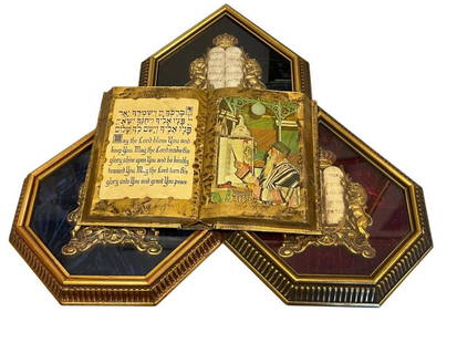 DECALOGUE JUDAISM / HEBREW RELIGIOUS REPRESENTATION OF THE TEN COMANDMENTS WAL HANGINGS: THREE LION AND CROWN DECAORTED SCROLLS WALL HANGINGS ON VELVET OF THE TEN COMMANDMENTS PLUS KORAN&nbsp;GILDED BOOK WITH IMAGE OF RABBI 10" X 12" SCROLL WALL HANGINGS, 12" X 8" GILDED BOOK WALL HANGING