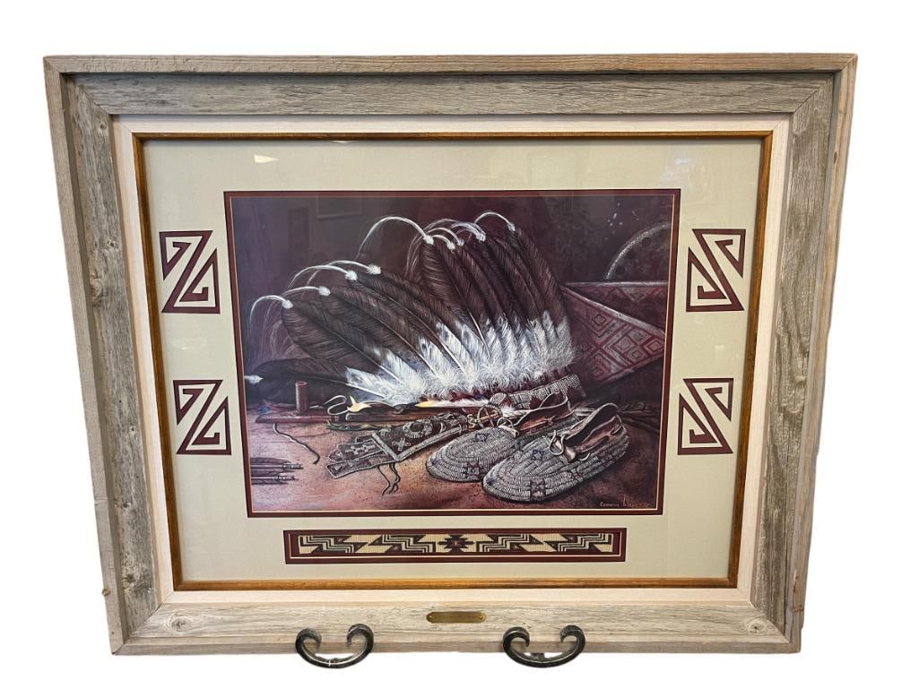 CAMERON BLAGG NATIVE WESTERNER NATIVE AMERICAN ART PRINT TITLED CHEYENE MEDICINE: CAMERON BLAGG NATIVE AMERICAN ART DEPICTS NATIVE AMERICAN ARTIFACTS / CRAFTS SUCH S HEADDRESS, BEAD WORK, MOCCASINS, OPIUM PIPE, GEOMETRIC DESIGN MATTING WITH BEADED SASH ON BOTTOM OF MATTING, FR