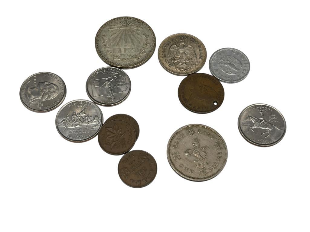 ASSORTED U.S. AND FOREIGN COINS INCLUDING TWWO 72% SILVER MEXICAN COINS FROM THE 1930'S (1 of 8)