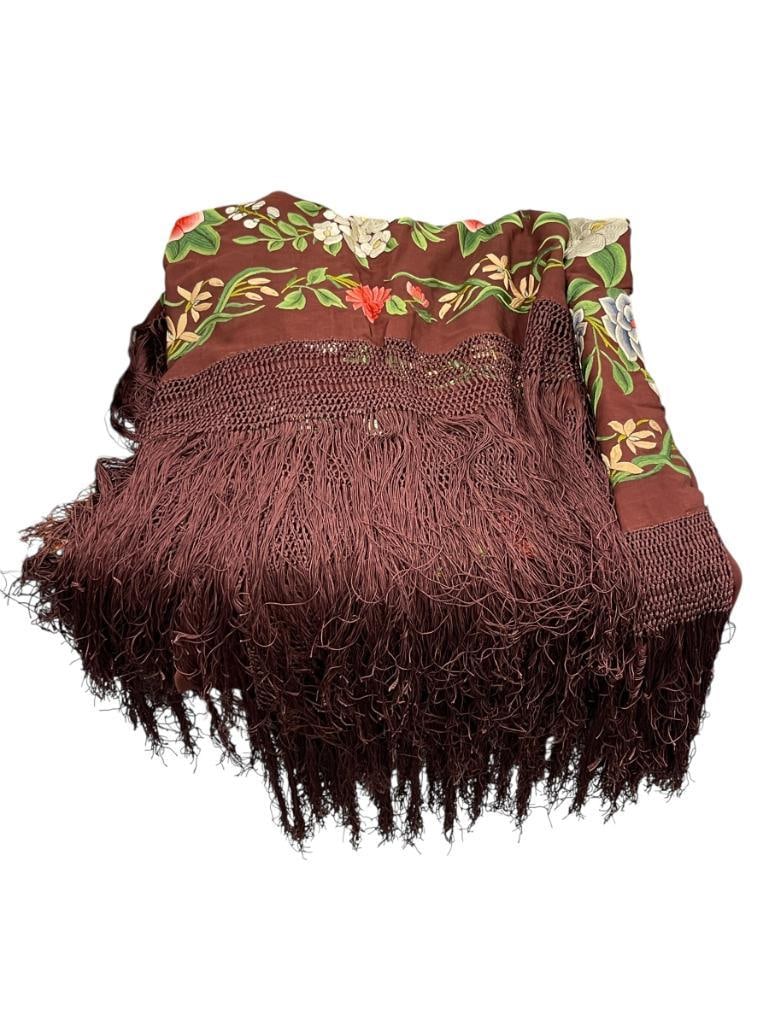 1930'S BROWN SILK EMBROIDERED BABY GRAND PIANO SCARF, FLORAL EMBROIDERY (1 of 8)