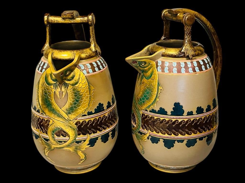 EXQUISITE PAIR OF ART NOUVEAU ANTIQUE SIGNED SARRAGUEMINES MAJOLICA FRENCH POTTERY KOI FISH EWERS (1 of 15)