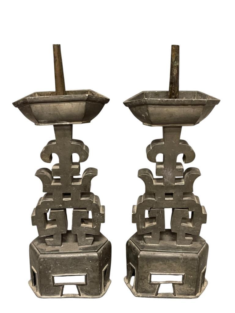 PAIR OF ANTIQUE CHINESE LONGEVITY PEWTER WEDDING CANDLESTICK HOLDERS (1 of 11)