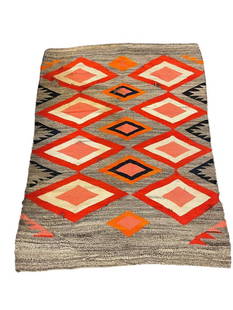 EARLY 20TH CENTURY NATIVE AMERICAN SOUTHWESTERN HAND WOVEN WOOL NAVAJO TRANSITIONAL BLANKET: SOUTHWESTERN NAVAJO HAND WOVEN WOOL TRANSITIONAL BLANKET, PARTIAL RUG, VARIOUS COLORS BROWN, RED, ORANGE, WHITE, AND BLACK, AS FOUND DAMAGE TO STITCHING 59" X 47"