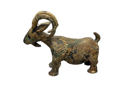 20TH CENTURY JAPANESE IRON BIG HORN SHEEP FIGURAL INCENSE BURNER / HOLDER: JAPANESE IRON FIGURAL BIG HORN SHEEP INCENSE HOLDER / BURNER, PATINATED FINISH WITH GREEN, BROWN, AND GOLD COLORS 6 1/8" L, 5 1/4" H