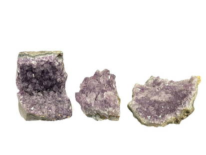 THREE PURPLE AMETHYST QUARTZ, DRUZY CYRSTAL QUARTZ GEOLOGICL SPECIMEN SAMPLES: PURPLE AMETHYST DRUZY&nbsp;QUARTZ GEOLOGICAL SPECIMEN SAMPLES, SPIRITUAL HEALING CRYSTALS 3 5/8" UP TO 4 7/8"