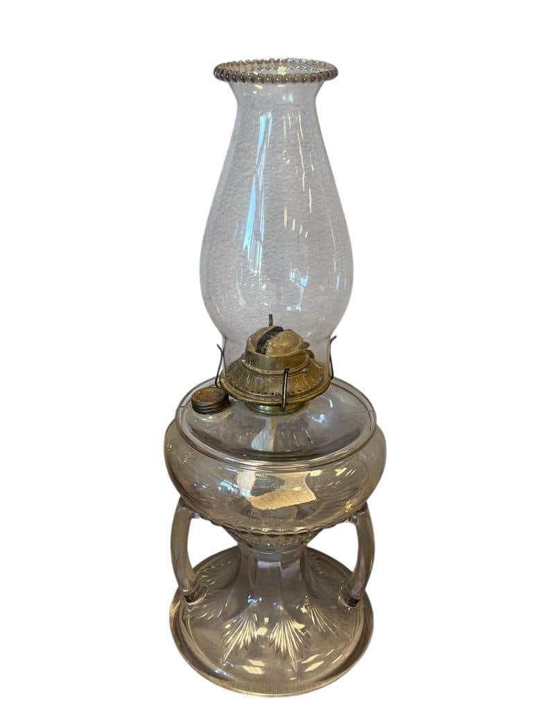 1860'S SUN PURPLED GLASS DOUBLE HANDLED SEWING OIL LAMP, POSSIBLY RIPLEY & CO (1 of 11)
