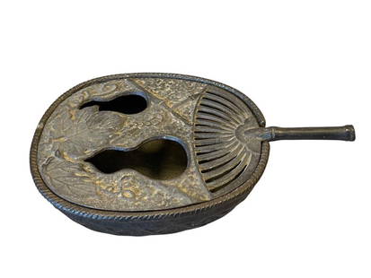 VINTAGE JAPANESE BASKET AND FAN UCIWA STYLE CAST IRON INCENSE BURNER: JAPANESE BASKET AND FAN CAST IRON INCENSE BURNER, THREE FOOTED BOWL WITH TOP, FAN HANDLED TOP WITH LEAVES AND CUTOUT GOURD DESIGN 8" LENGTH