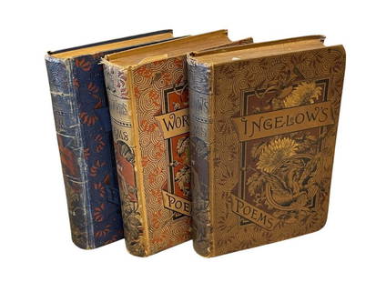 LATE 1800'S POETRY BOOKS PUBLISHED BY BELFORD, CLARKE, AND CO. WHITTIER, WORDSWORTH, AND INGELOW: THREE LATE 1800'S POETRY WORKS, POEMS BY JOHN G. WHITTIER, THE POETICAL WORKS OF WORDSWORTH, AND 1886 THE POETICAL WORKS OF JEAN INGELOW, ILLUSTRATED, EACH BOOK HAS DECORATIVE EMBOSSED COVERS WITH DEC