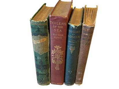 LATE 1800'S BOOKS TOILERS OF THE SEA, THE ODYSSEY OF HOMER, SCOTTS LADY OF THE LAKE, SCOTTS WORKS: FOUR LATE 1800'S BOOKS TOILERS OF THE SEA BY VICTOR LUGO, THE ODYSSEY OF HOMER BY WILLIAM CULLEN BRYANT VOL. I, SCOTT'S LADY OF THE LAKE BY EDWIN GINN, AND THE POETICAL WORKS OF SIR WALTER SCOTT, HARD