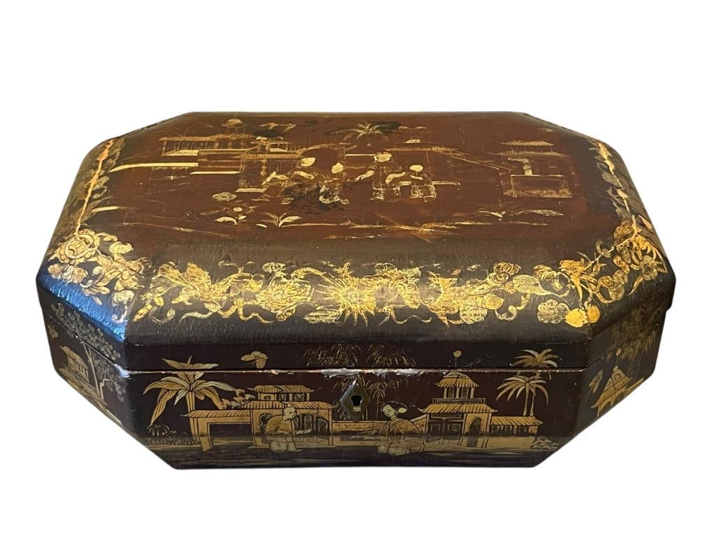 19TH CENTURY CHINESE LACQUERED BROWN TEA CADY WITH GILT DESIGN OCTAGONAL SHAPE (1 of 16)