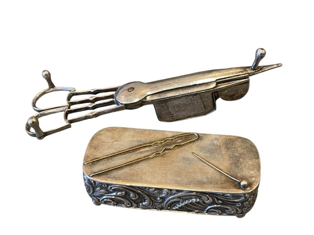 20TH CENTURY SILVERPLATE GEORGE THE III CANDLE SNUFFER AND MERIDEN & COMPANY PIN BOX (1 of 11)