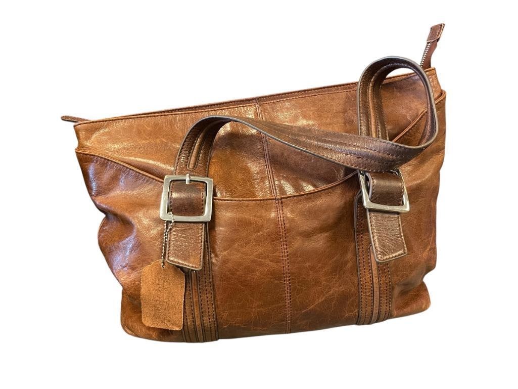 DANIER GENUINE BROWN LEATHER TRAVEL BAG: DANIER BROWN LEATHER TRAVEL BAG WITH CHROME BUCKLES 16" X 5" X 12"
